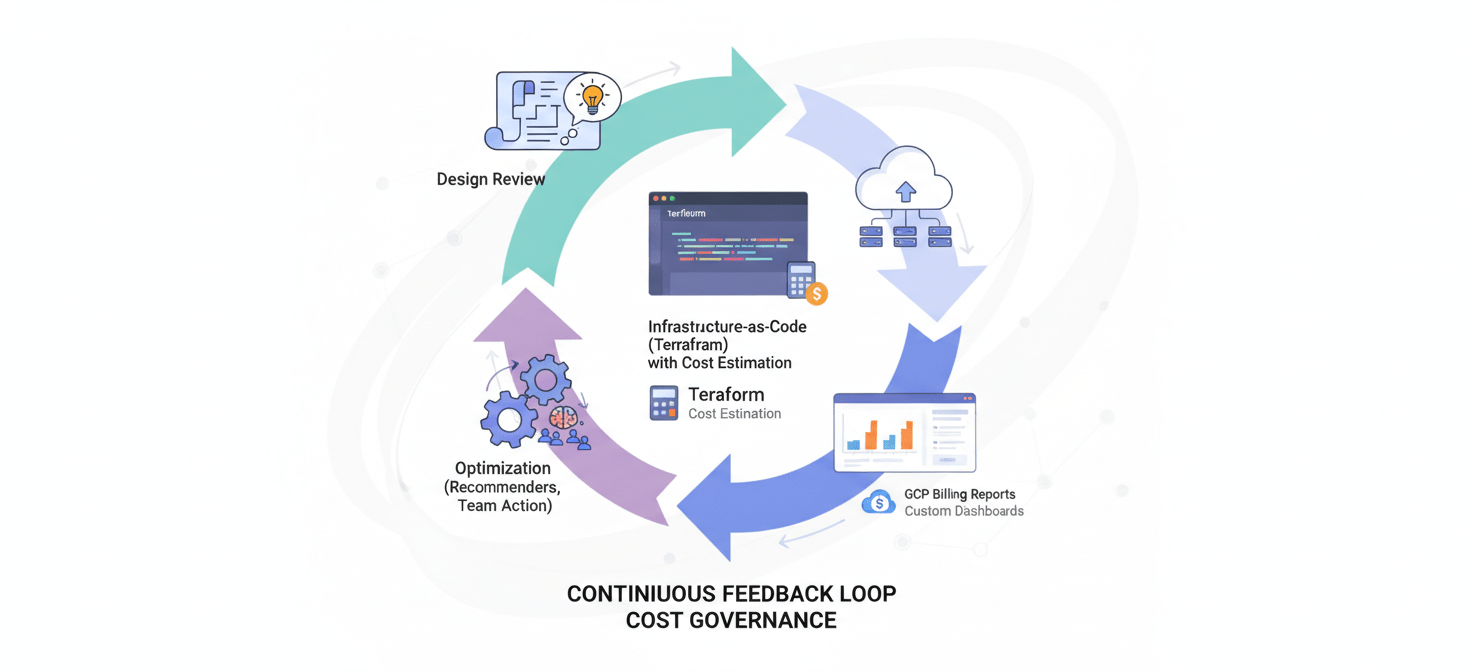 A conceptual illustration of a continuous cost governance feedback loop integrated into engineering workflows. It depicts stages like design reviews, infrastructure-as-code with cost estimation, deployment, monitoring via GCP billing reports and custom dashboards, and optimization, highlighting how cost considerations become an integral part of the development lifecycle.