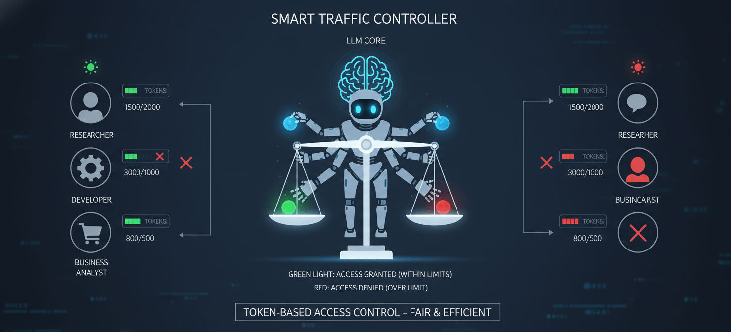 A conceptual illustration of a digital gatekeeper intelligently managing user access to an LLM. It depicts a system that measures and limits usage based on tokens consumed per user, rather than simple request counts, ensuring fair access and preventing any single user from over-consuming resources.