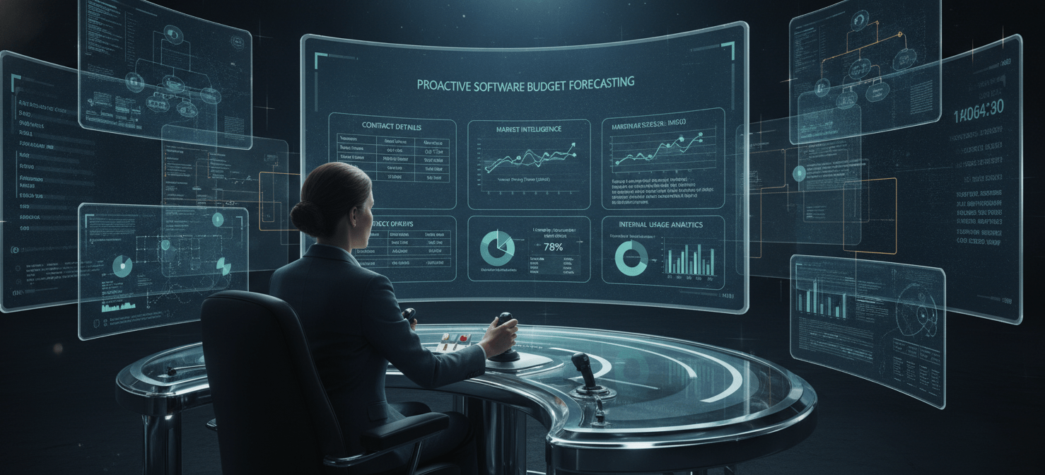 A conceptual illustration of a finance leader at a sophisticated control panel, actively engaged in proactive software budget forecasting. Multiple screens display integrated data streams, including detailed software contract information, real-time market intelligence on vendor pricing trends, and granular internal usage analytics. This image emphasizes the multi-faceted, data-driven approach required for effective software budget forecasting, enabling strategic financial planning and control.