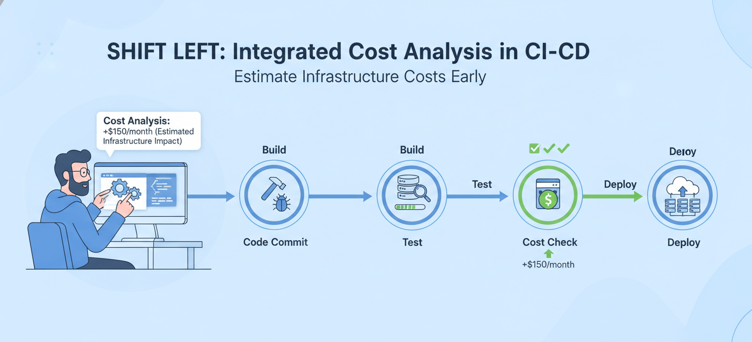 A conceptual illustration of a modern CI/CD pipeline that integrates cost analysis into the development workflow. It shows a 'cost check' stage, where engineers can review the financial impact of infrastructure changes directly within a pull request, enabling cost-aware architectural decisions early in the lifecycle.