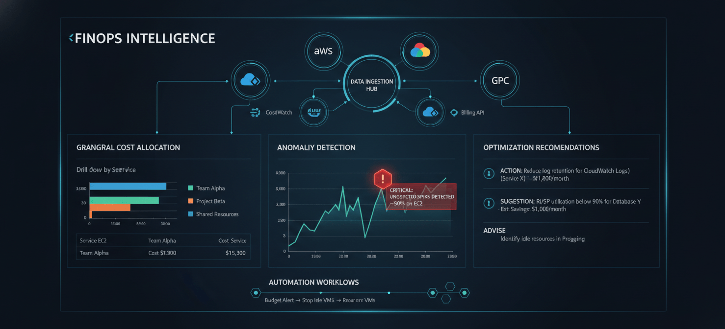A conceptual illustration of a sophisticated third-party FinOps platform dashboard. It depicts integrated cost data from multiple cloud providers, including granular CloudWatch spend attributed to specific teams or projects. The dashboard highlights features like automated anomaly detection for cost spikes and actionable optimization recommendations, demonstrating how these specialized solutions provide deeper insights beyond native cloud tools for FinOps leads.