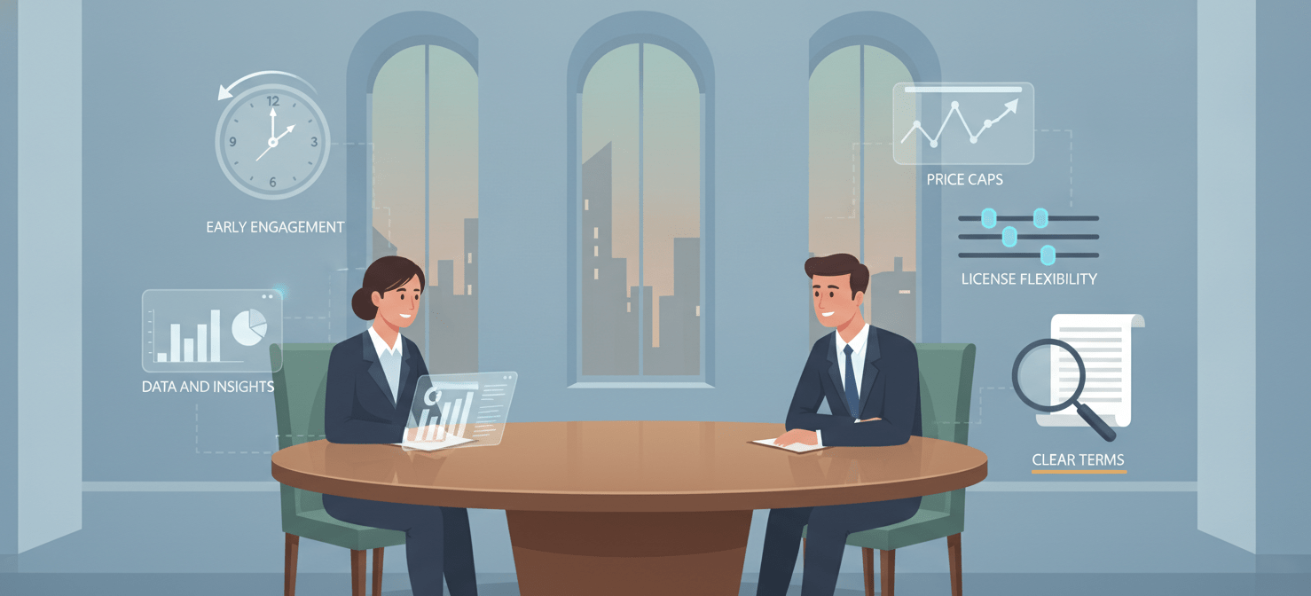 A conceptual illustration of a strategic negotiation table, where a prepared procurement professional engages with a software vendor representative. Visual cues around the table highlight key negotiation points: a clock for early engagement, a graph with a ceiling representing price caps, adjustable sliders for license flexibility, and a magnifying glass over contract terms. This image emphasizes the importance of disciplined negotiation and vendor management to control software spend.