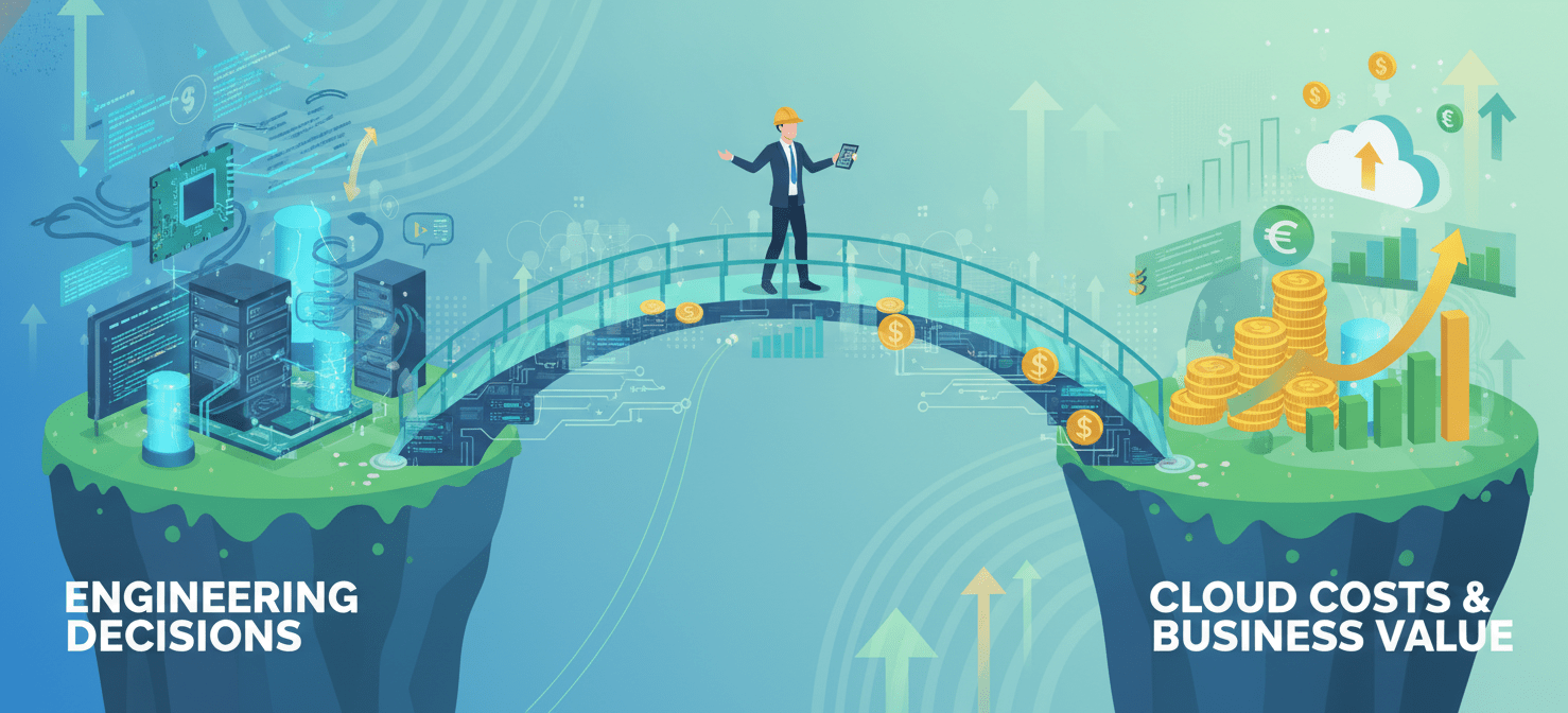 A conceptual illustration of an engineering manager standing on a bridge connecting 'Engineering Decisions' to 'Cloud Costs & Business Value'. The bridge is constructed from technical and financial elements, symbolizing the direct link between engineering choices and their financial impact. The manager's presence highlights the critical role of engineering leadership in overseeing and optimizing cloud spending for business value.