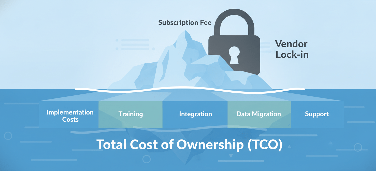 A conceptual illustration of an iceberg, where the visible tip represents a software's subscription fee, and the much larger submerged portion details the hidden costs of Total Cost of Ownership (TCO), including implementation, training, and support. A padlock in the background symbolizes the risk of vendor lock-in.