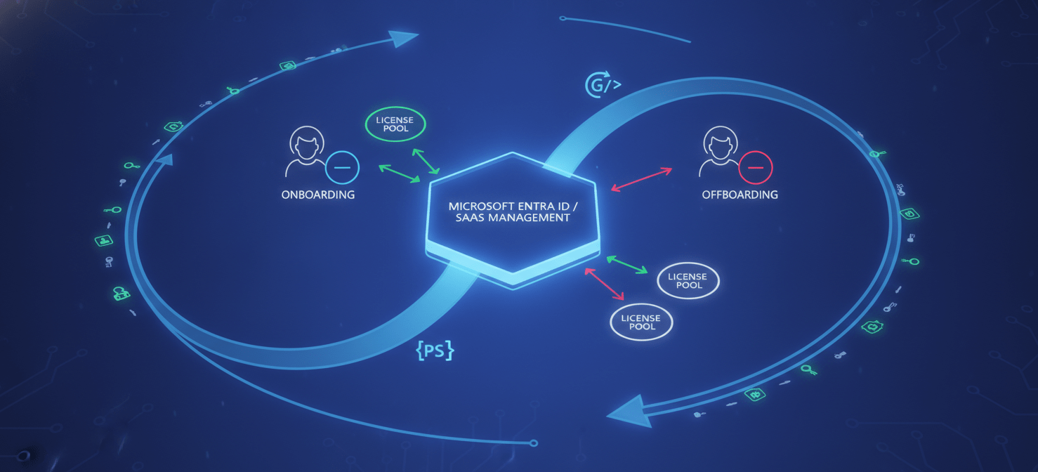 A conceptual illustration of automated M365 license allocation and reclamation. It shows a central platform (like Microsoft Entra ID) orchestrating the assignment and removal of licenses to user profiles during onboarding and offboarding, highlighting the efficiency gained through automation via group-based licensing, PowerShell, or third-party tools.
