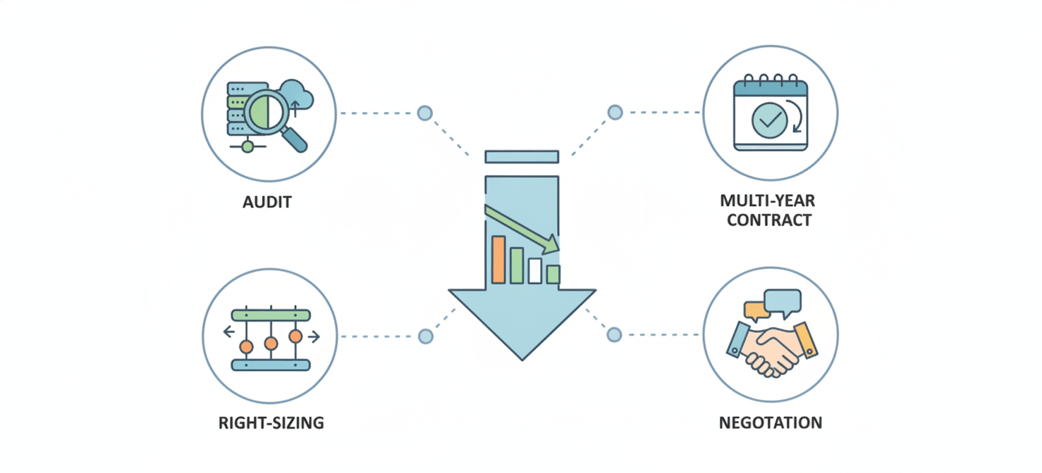 A conceptual illustration outlining strategies to manage and reduce software renewal costs. Icons represent key actions such as conducting a workload audit, exploring multi-year subscriptions, right-sizing software editions, and negotiating with resellers, all aimed at optimizing expenditure.