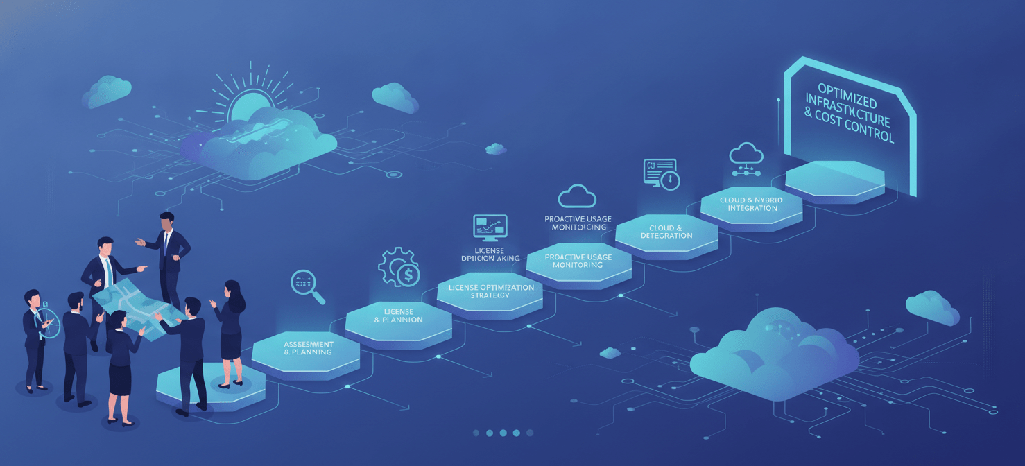 A conceptual illustration representing the path forward for organizations adapting to the new VMware licensing model. It emphasizes the importance of proactive management, strategic planning, and continuous optimization to navigate the changes introduced by Broadcom and maintain control over virtualization infrastructure costs.