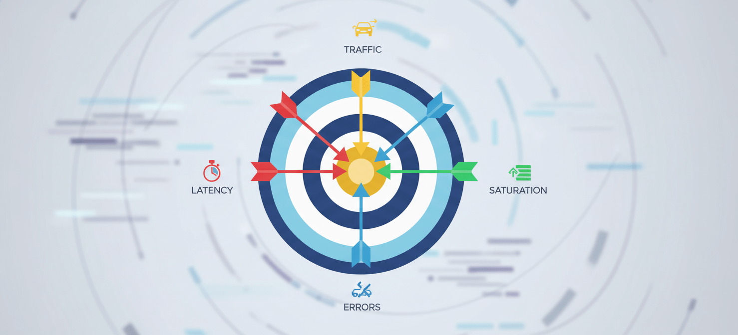 A conceptual illustration showing a bullseye target with four arrows hitting the center, representing the 'Four Golden Signals' (Latency, Traffic, Errors, Saturation) as key performance indicators. This visual emphasizes focusing monitoring efforts on critical, actionable metrics to achieve operational goals.