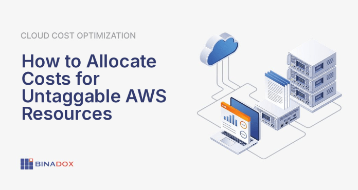 A conceptual illustration showing a complex AWS cloud environment with various resources. Some resources are clearly tagged with project and team labels, while others, representing untaggable AWS resources like data transfer and support fees, are obscured or marked with question marks, leading to a significant portion of unallocated spend in a financial report.
