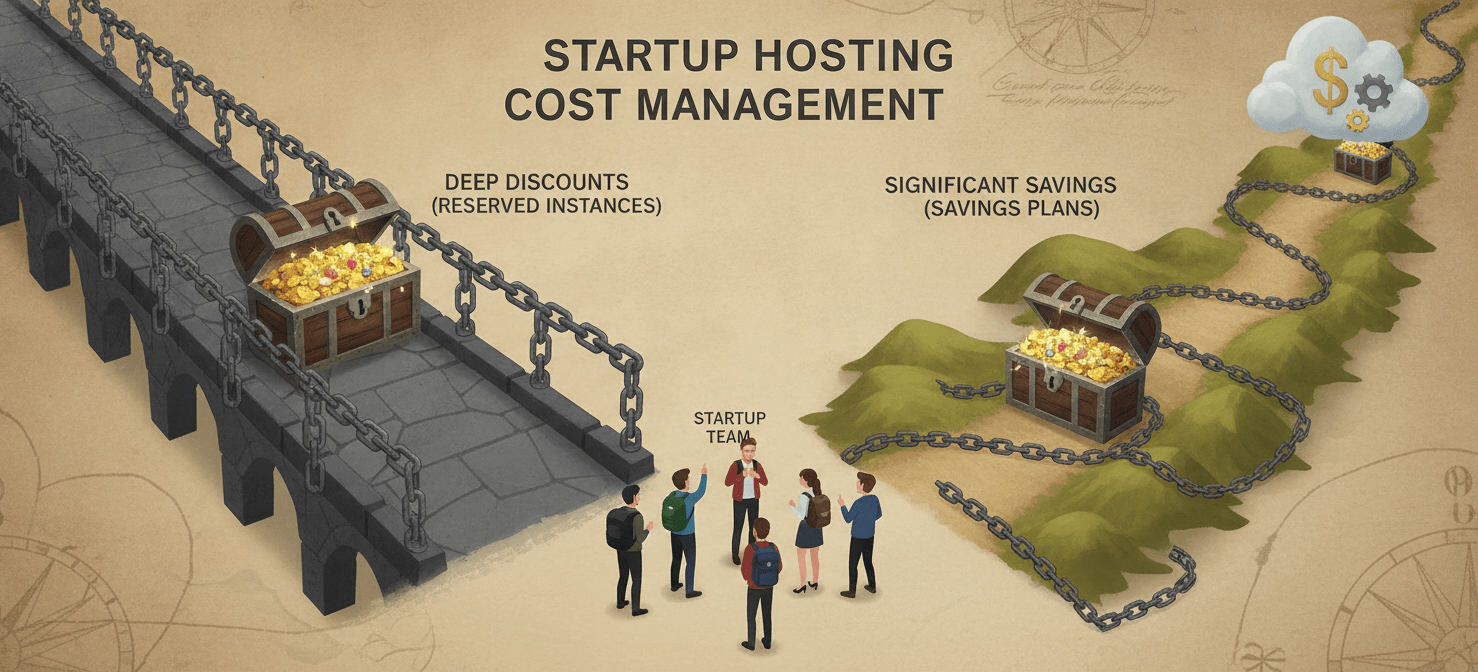 A conceptual illustration showing a startup team at a crossroads, choosing between a rigid, high-discount path and a flexible, slightly lower-discount path, symbolizing the strategic decision-making required for startup hosting cost management when evaluating Reserved Instances versus more adaptable Savings Plans.