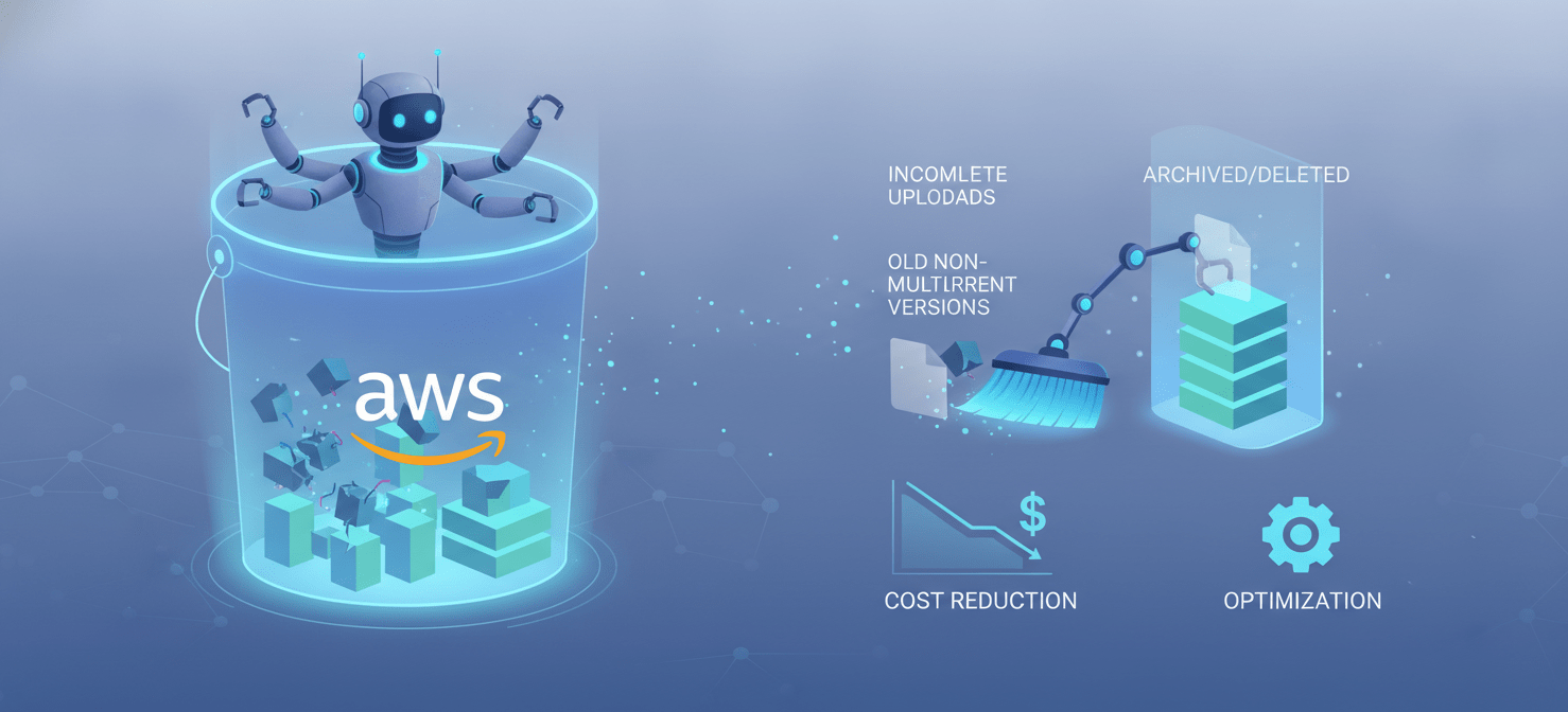 A conceptual illustration showing an automated cleanup process within an S3 bucket, where incomplete multipart uploads and old object versions are efficiently removed or archived, leading to a more organized and cost-effective storage environment.