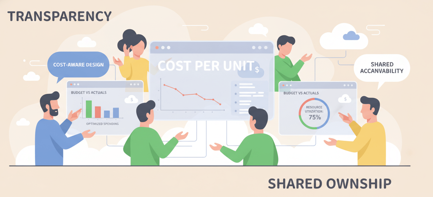 A conceptual illustration showing diverse teams—engineering, product, and finance—collaborating around shared dashboards that display real-time cloud cost metrics. The image emphasizes transparency and shared accountability, depicting individuals actively discussing cost-per-unit, budget adherence, and resource utilization, fostering a culture of cost-consciousness across the organization.
