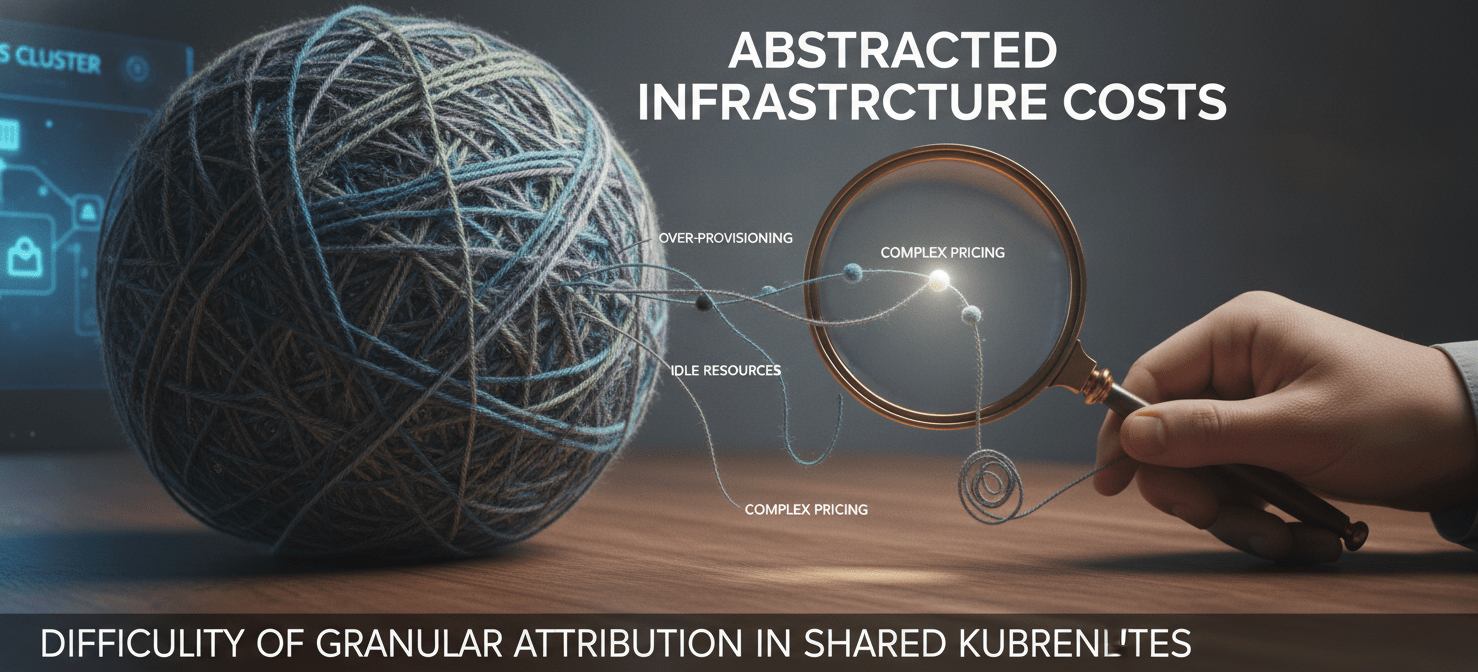 A conceptual illustration showing the challenges of Kubernetes cost attribution, with a tangled network of infrastructure components obscuring the true costs of individual workloads and services.