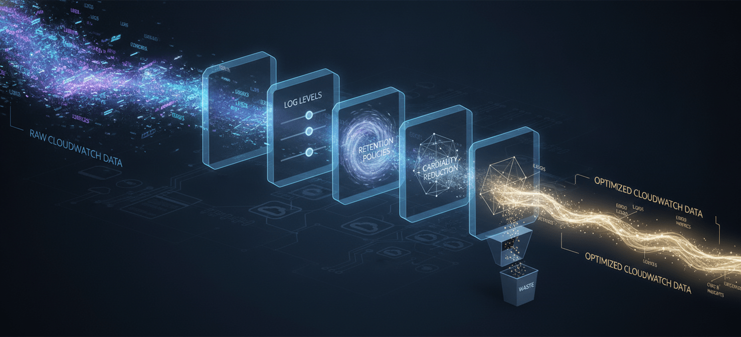 A conceptual illustration showing the optimization of CloudWatch usage, where excessive logs and high-cardinality metrics are filtered and pruned to reduce waste and improve cost efficiency without sacrificing essential monitoring.