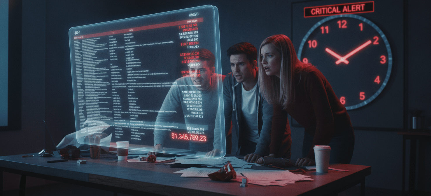 A conceptual illustration showing the stark contrast between a startup team reacting to a surprise, high AWS bill, causing distraction and stress, versus a calm team confidently planning with predictable cloud costs. This highlights the value of predictability for focus and runway.