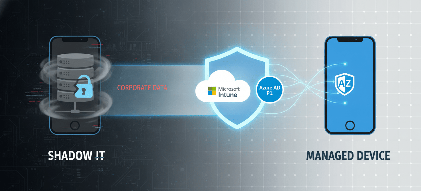 A conceptual illustration showing the transition from 'Shadow IT' to managed IT. An unmanaged, shadowy iPhone attempting to access corporate data is contrasted with a fully managed and compliant iPhone, securely connected to cloud services, symbolizing how proper licensing and management bring devices under control and mitigate risks.