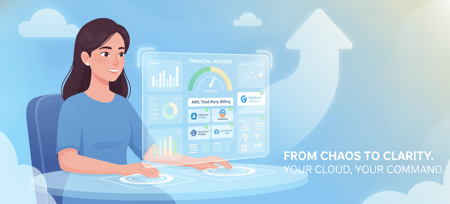 A concluding illustration depicting a user confidently managing and optimizing cloud costs on a digital dashboard, with various third-party vendor charges clearly visible and under control. The image symbolizes a proactive and empowered approach to AWS third party billing, ensuring budget adherence and leveraging the Marketplace effectively.