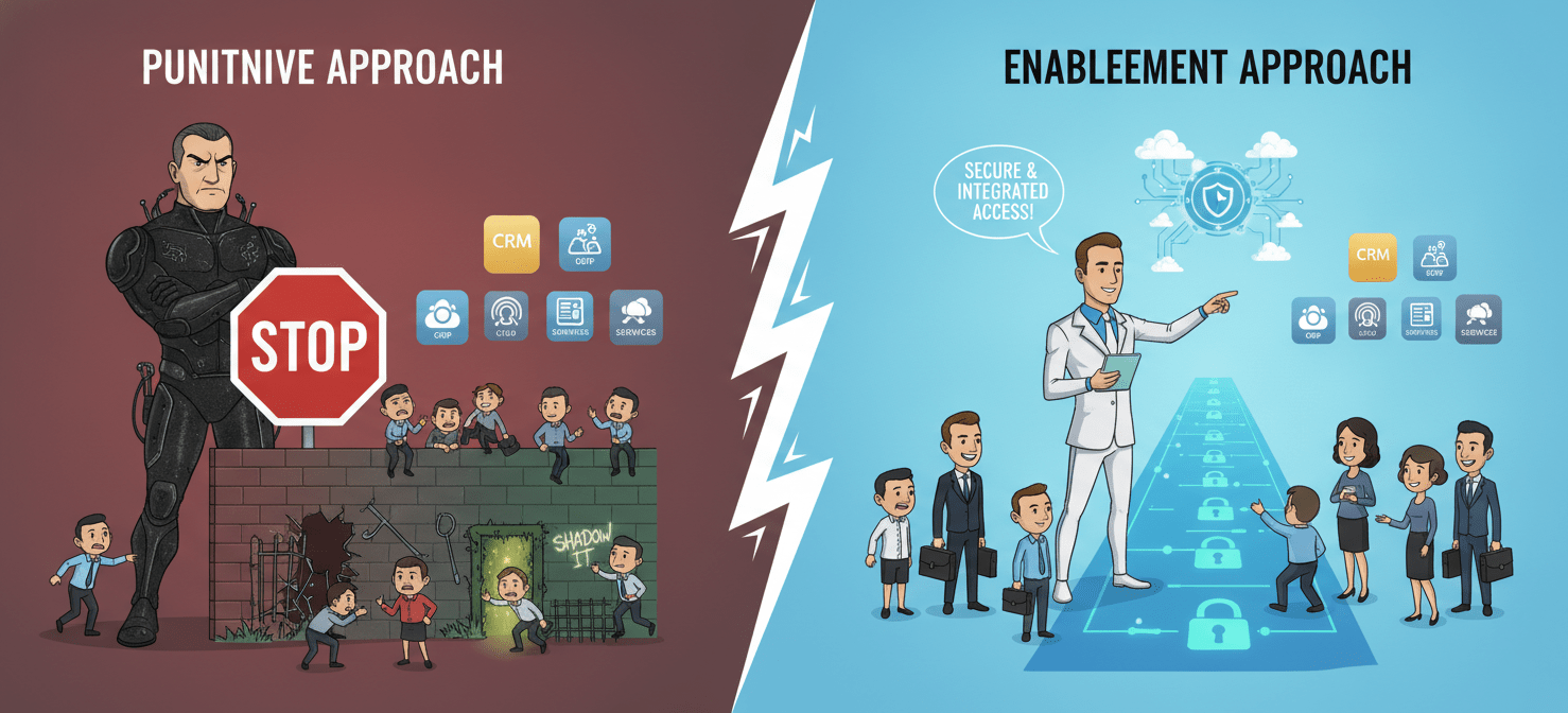 A contrasting illustration demonstrating two approaches to shadow IT. The 'Punitive Approach' shows IT as a blocker, leading business units to find hidden workarounds. The 'Enablement Approach' shows IT as a collaborative guide, integrating business-driven technology into a secure, structured framework, emphasizing partnership over prohibition.