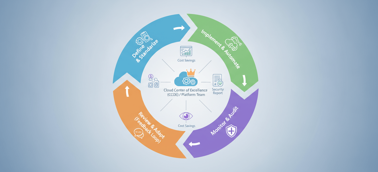 A cyclical diagram illustrating the continuous governance model for an enterprise cloud tagging strategy. The loop outlines key stages: defining and standardizing tags, implementing and automating enforcement, continuous monitoring and auditing for compliance, and a crucial feedback loop for review and adaptation. A central Cloud Center of Excellence (CCoE) or platform team is depicted as the owner, emphasizing the ongoing, iterative nature of maintaining an effective and relevant tagging framework to meet evolving business and technical requirements.
