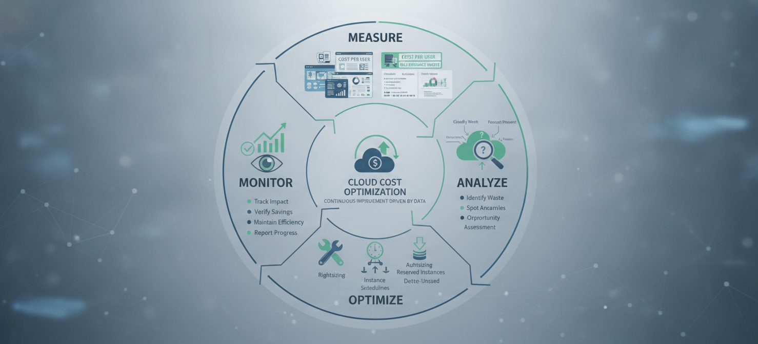 A cyclical diagram illustrating the continuous process of cloud cost optimization, encompassing stages of measuring key metrics like cost per user, analyzing data for inefficiencies, implementing optimization tactics such as rightsizing and scheduling, and continuously monitoring the impact of these changes. This represents an ongoing feedback loop for efficiency.