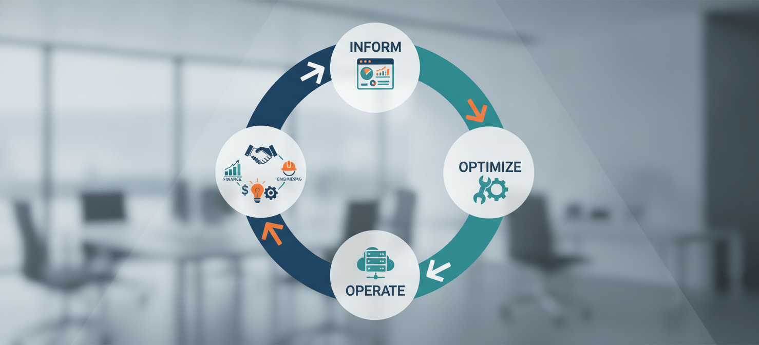 A cyclical diagram illustrating the FinOps feedback loop, consisting of three continuous stages: Inform, Optimize, and Operate. Icons represent each stage, and arrows show the flow, emphasizing continuous improvement in cloud cost management. The diagram also subtly conveys the collaborative effort required from finance, engineering, and business teams for effective azure cloud budget management.
