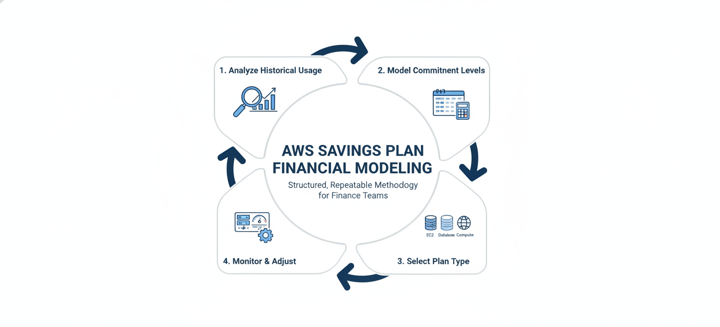 A cyclical process diagram outlining a CFO's framework for AWS Savings Plan financial modeling, detailing stages such as analyzing historical usage, modeling commitment levels, selecting optimal plan types, and continuous monitoring and adjustment to ensure ongoing ROI and budget alignment.