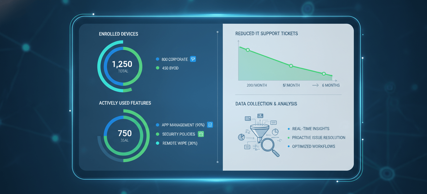 A dashboard displaying key metrics for MDM usage assessment, including device enrollment numbers, feature utilization, and a trend showing decreased IT support tickets due to MDM automation.