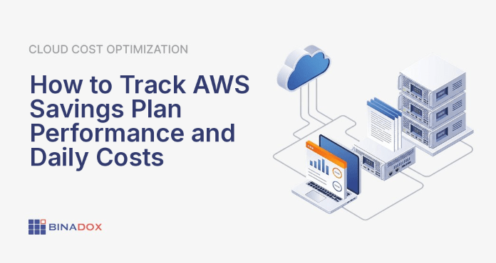 A dashboard displaying key metrics to track AWS Savings Plan performance, including utilization and coverage rates, with a magnifying glass emphasizing detailed analysis of cost efficiency in cloud spending. The visual represents strategic monitoring and optimization of AWS resources.