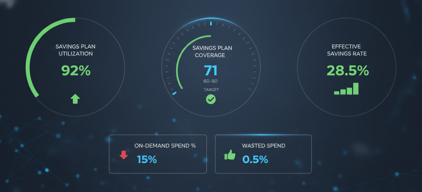 A dashboard illustration displaying key performance indicators (KPIs) for automated cloud cost optimization, including high Savings Plan utilization and coverage, a strong effective savings rate, and minimized wasted spend, demonstrating successful financial management.