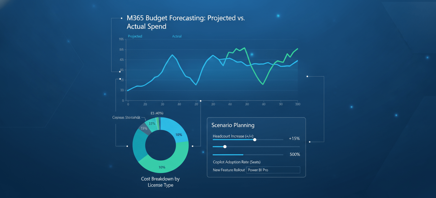 A data-driven financial dashboard illustrating proactive Microsoft 365 budget forecasting. It displays trend lines for projected versus actual spend, cost breakdowns by license type, and scenario planning tools for modeling the financial impact of future changes like headcount adjustments or new feature adoption.