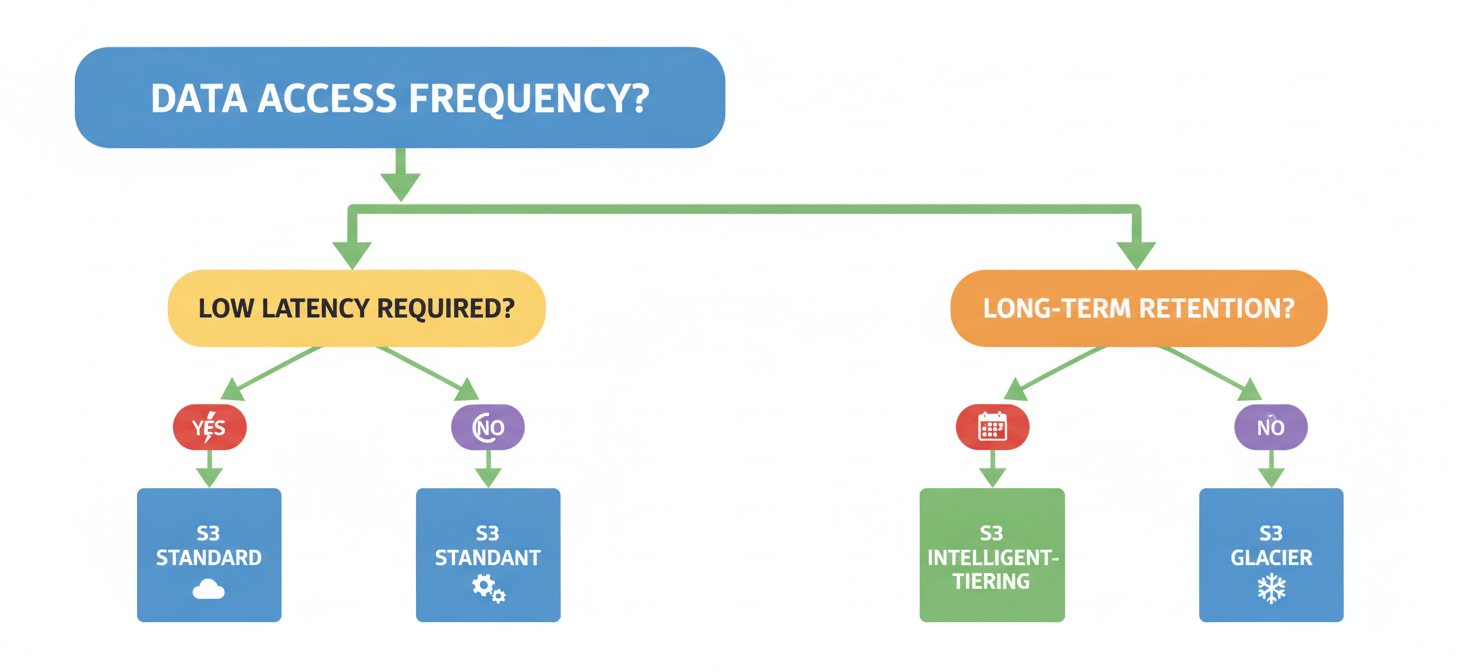 A decision flowchart guiding users on which S3 storage class to choose based on data access frequency, latency requirements, and long-term retention needs. The chart helps determine if S3 Standard, S3 Glacier, or Intelligent-Tiering is the most suitable option for specific workloads.