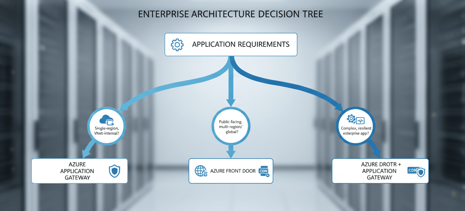 A decision framework diagram guiding enterprise architects in choosing between Azure Application Gateway and Azure Front Door based on application requirements. It outlines criteria for single-region internal workloads, public-facing global applications, and complex, resilient enterprise architectures, leading to the optimal service or hybrid solution.