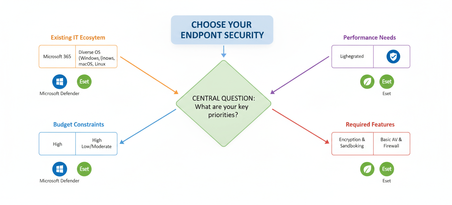 A decision-making flowchart illustrating the factors businesses should consider when choosing an endpoint security solution, including existing IT infrastructure, performance requirements, budget, and specific feature needs like full disk encryption or cloud sandboxing.