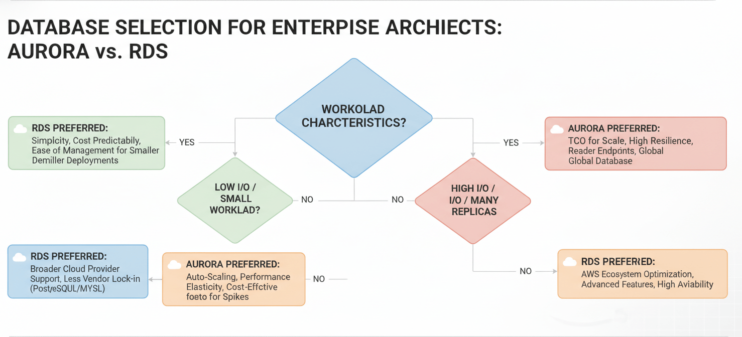 A decision matrix for enterprise architects comparing Aurora vs RDS cost comparison factors, guiding the choice based on workload characteristics like I/O intensity, scaling needs, and multi-cloud strategy.