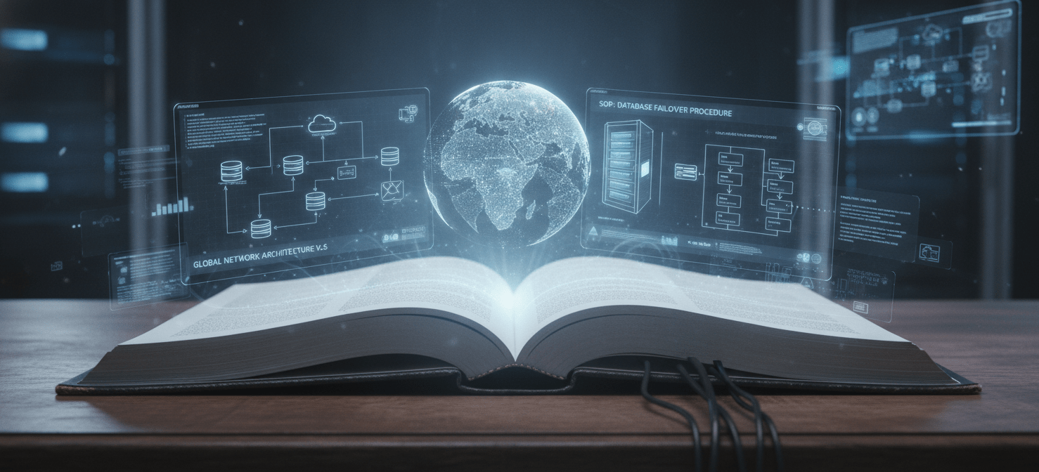A detailed digital knowledge base, depicted as a large open book filled with network diagrams, server configurations, and standard operating procedures, highlighting the importance of thorough IT documentation.