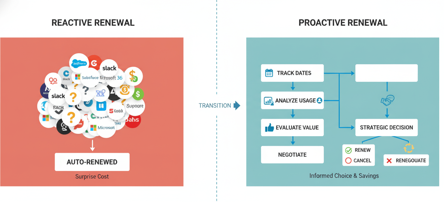 A diagram contrasting reactive, chaotic software renewals with a proactive, structured process involving tracking, analysis, evaluation, negotiation, and strategic decision-making.