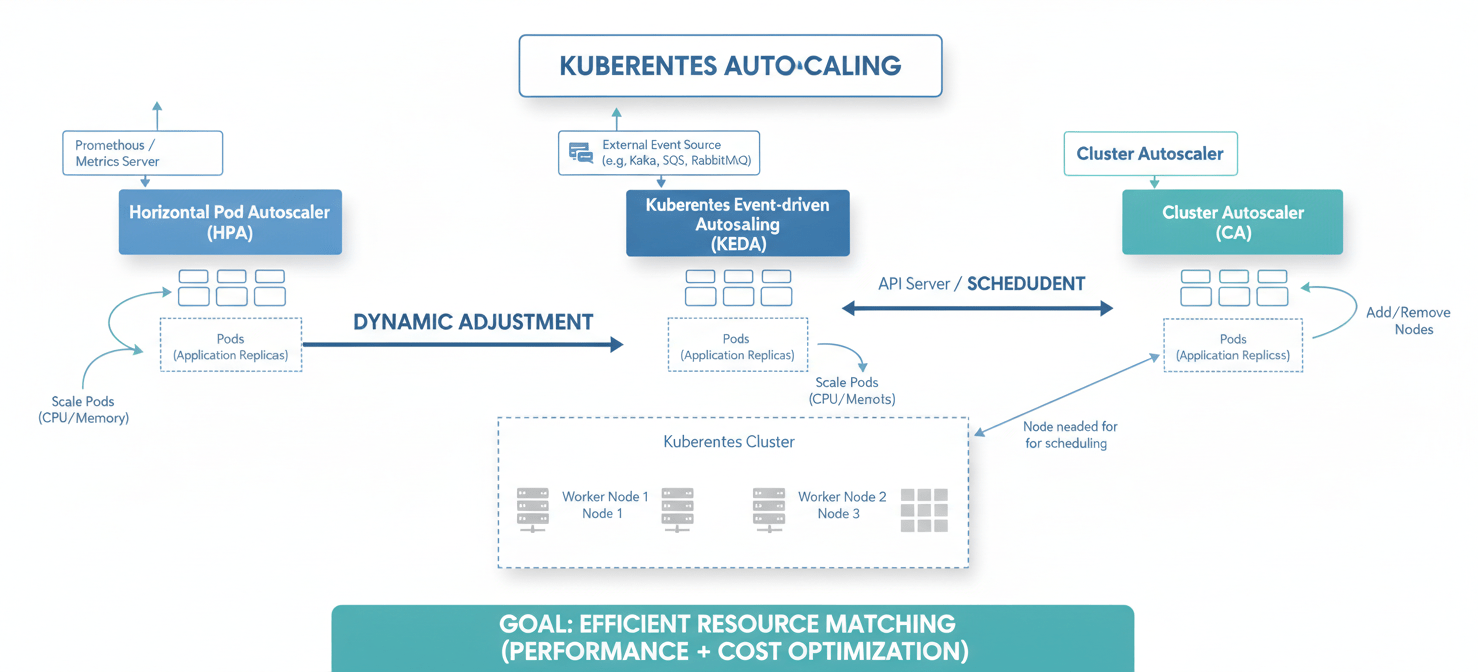 A diagram demonstrating smart autoscaling in Kubernetes, featuring the Horizontal Pod Autoscaler (HPA), Kubernetes Event-Driven Autoscaling (KEDA), and the Cluster Autoscaler working in concert to dynamically adjust resources for kubernetes cost optimization.