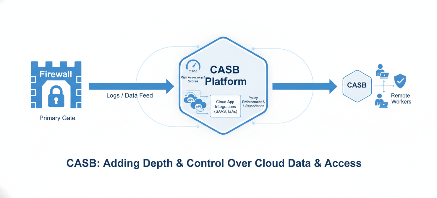 A diagram depicting the integration of a firewall with a Cloud Access Security Broker (CASB). The firewall feeds network logs to the CASB, which then provides enhanced capabilities like risk assessment, API-based monitoring of sanctioned apps, and policy enforcement, extending visibility beyond the corporate network to remote users.