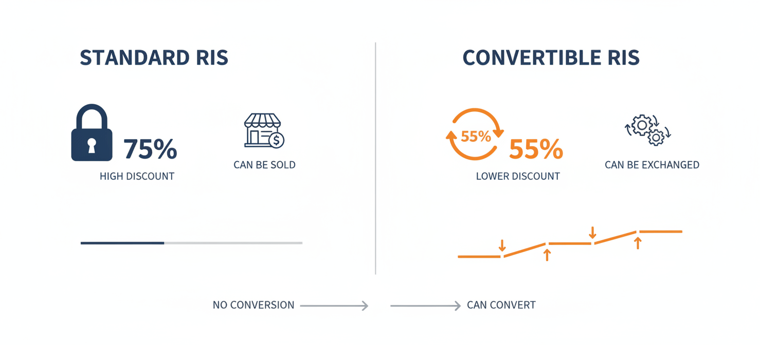 A diagram differentiating between Standard and Convertible AWS Reserved Instances. Standard RIs are shown with higher discounts and the ability to be sold, while Convertible RIs offer less discount but greater flexibility for exchange.