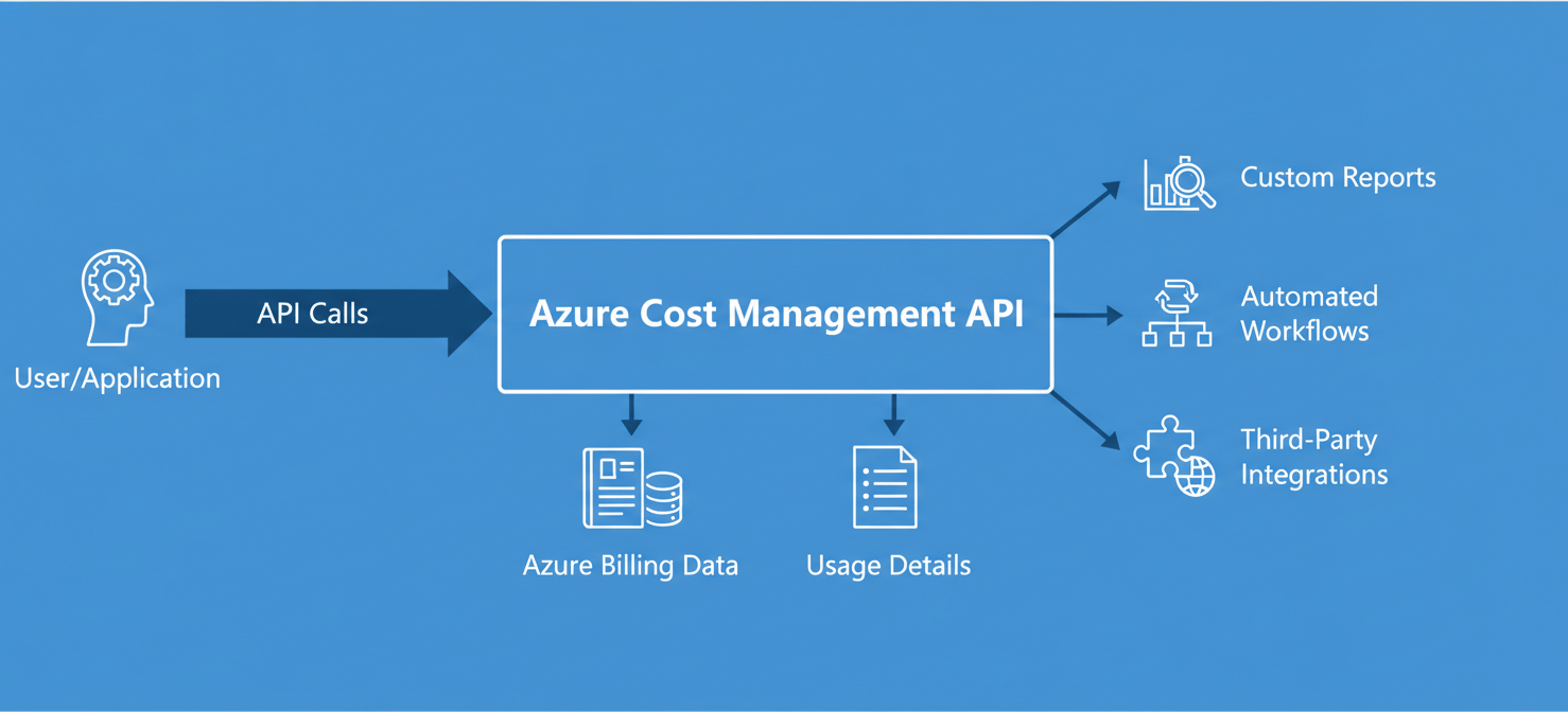 A diagram explaining the Azure Cost Management API as a bridge between Azure's raw billing and usage data and external applications. It illustrates how the API enables programmatic access for custom reporting, automated workflows, and seamless integration with other financial and operational tools, providing a powerful alternative to manual data extraction.