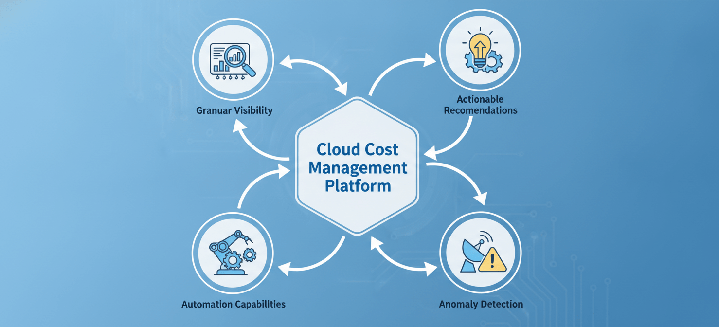 A diagram highlighting key features of the best cloud cost management tools, including granular visibility and cost allocation, actionable optimization recommendations, robust automation capabilities for rightsizing and scheduling, and real-time anomaly detection and alerting. These features are crucial for effective financial governance in Azure.