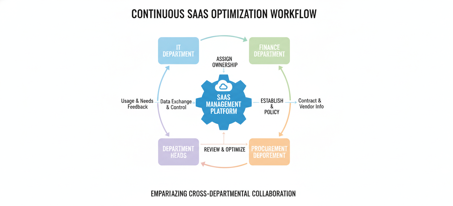 A diagram illustrating a comprehensive SaaS subscription management strategy, detailing a continuous cycle of assigning ownership, establishing clear procurement and approval policies, and implementing regular review and optimization processes across IT, Finance, and departmental teams.