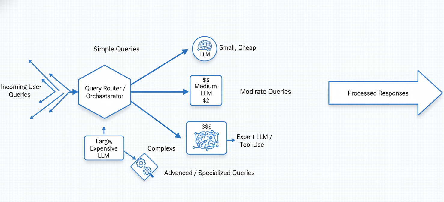A diagram illustrating a model cascade system, where an intelligent router directs incoming queries to the most appropriate large language model based on complexity. Simple tasks are handled by smaller, cost-effective models, while complex tasks are escalated to more powerful, expensive models, optimizing resource allocation.