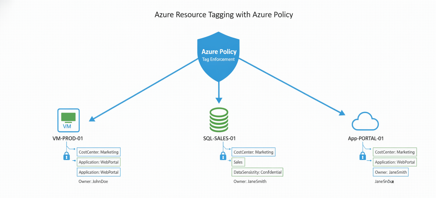 A diagram illustrating a robust tagging strategy for Azure resources. Various virtual machines, databases, and app services are shown with clear, consistent tags like 'CostCenter', 'Application', and 'Owner', enforced by Azure Policy. This foundational tagging is crucial for effective azure cost attribution and granular cost allocation.