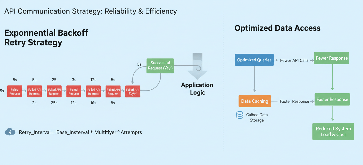 A diagram illustrating effective strategies to handle Azure API rate limit cost data, including an exponential backoff retry mechanism with increasing wait times, alongside optimized API calls and local data caching to reduce overall request volume.