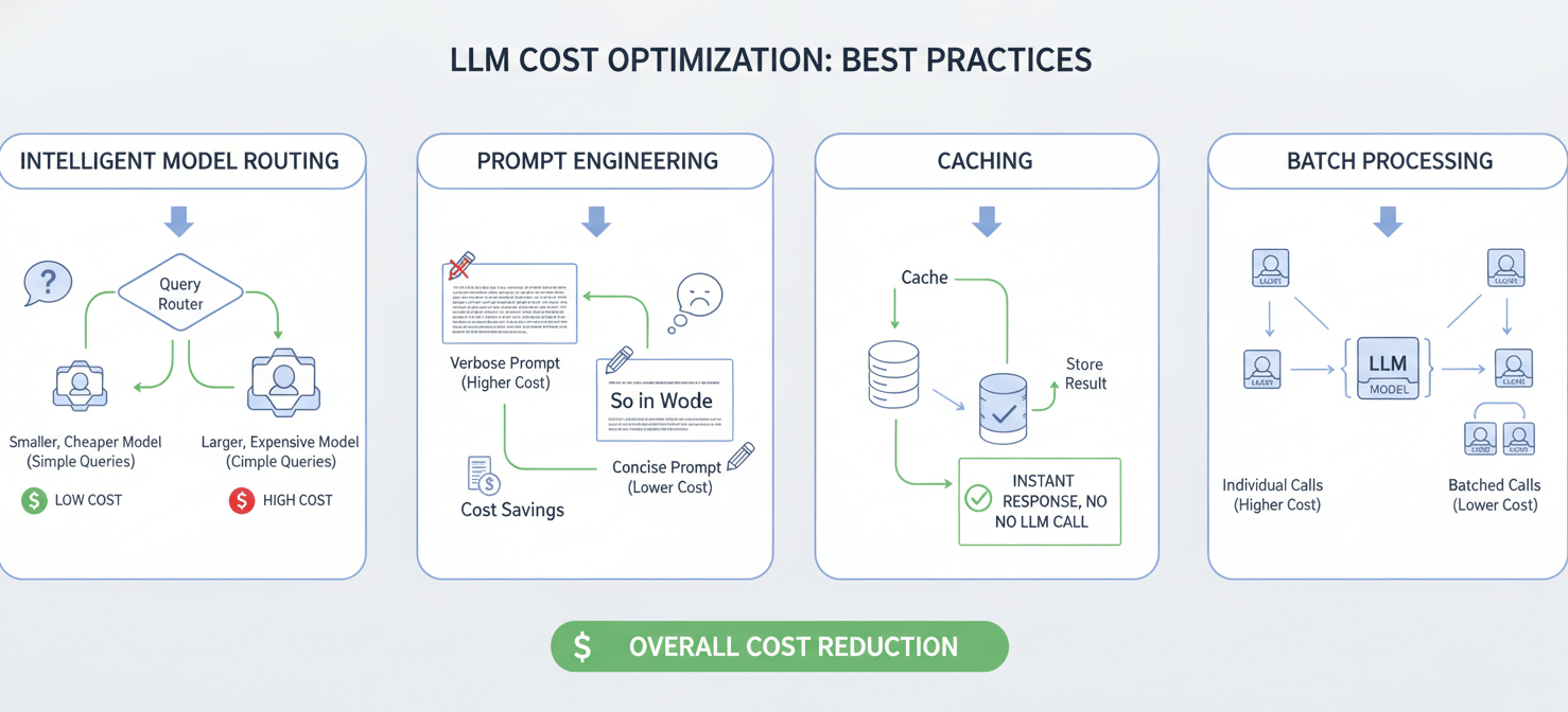 A diagram illustrating key best practices for optimizing LLM costs, including intelligent model routing to select the most cost-effective model, efficient prompt engineering, implementing caching for repetitive queries, and leveraging batch processing for non-urgent tasks.