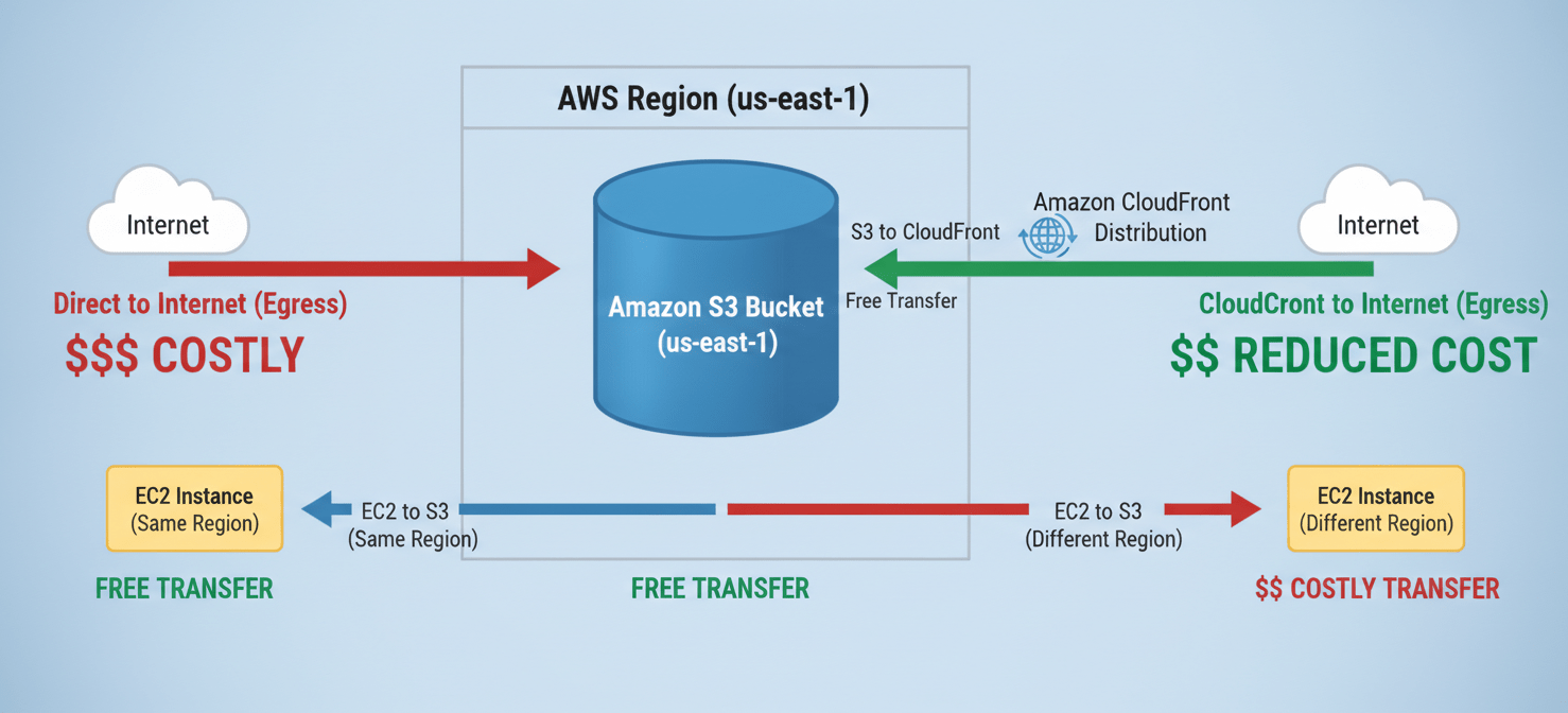A diagram illustrating strategies to reduce S3 data transfer costs, showing the benefits of using Amazon CloudFront for internet egress, co-locating compute resources with S3 buckets, and using VPC Gateway Endpoints.