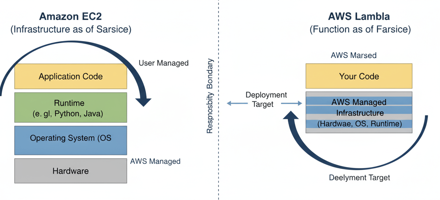 A diagram illustrating the architectural responsibilities in AWS. One side shows EC2, where users manage the OS, runtime, and application on provisioned hardware. The other side shows Lambda, where AWS manages infrastructure, and users only deploy their code, highlighting the serverless abstraction.