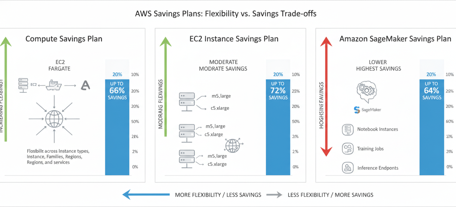 A diagram illustrating the differences between AWS Compute Savings Plans, EC2 Instance Savings Plans, and Amazon SageMaker Savings Plans. It highlights the varying levels of flexibility across instance types, regions, and services, contrasted with their potential for cost savings, helping users understand the trade-offs involved in choosing the right plan.
