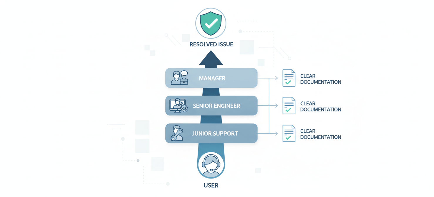 A diagram illustrating the escalation path for an AWS support case, showing how issues can be moved from initial support to senior engineers or managers for resolution.